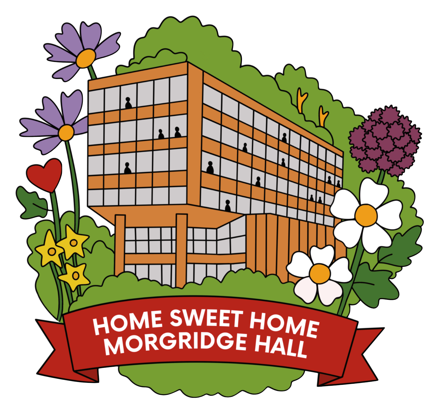 Morgridge Hall sticker design with flowers surrounding the building